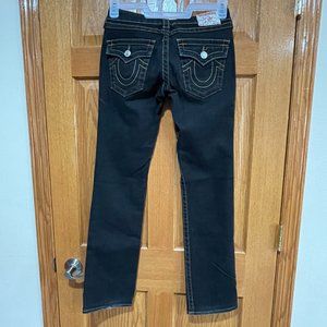 TRUE RELIGION Women's 27 Skinny Blue Denim Jeans Flap Pocket Colorful Stitch